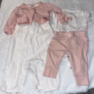 Carter’s size 3 month pink and white heart outfit, pants, onesie, and sweater